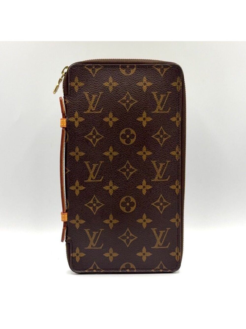 Louis Vuitton Organizer Voyage Monogram Leather Brown Round Zippy Wallet Gold